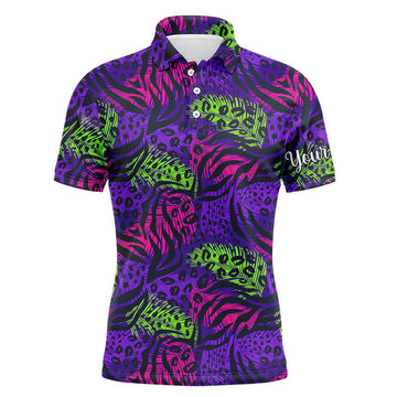 Custom Golf Men Polo Shirt - Colorful Purple Tropical Background Custom Name Black - Personalized Gift For Golf Lover, Team, Golfers