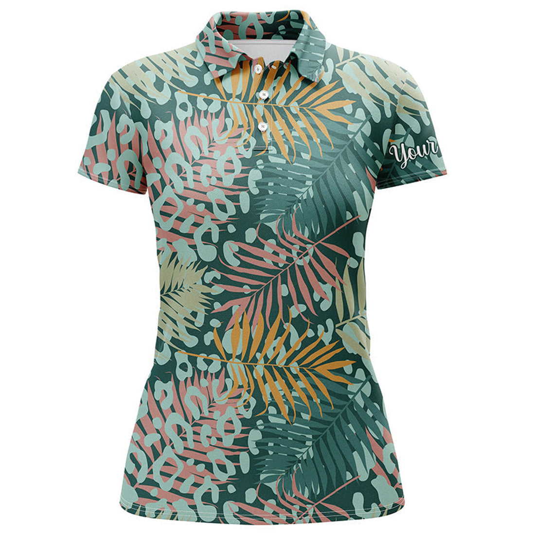 Custom Womens Golf Polo Shirts With Green Tropical Pattern With Palm Leopard Custom Team Golf Polo Shirts