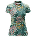Custom Womens Golf Polo Shirts With Green Tropical Pattern With Palm Leopard Custom Team Golf Polo Shirts