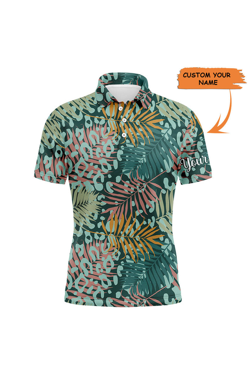 Custom Golf Men Polo Shirt - Green Tropical Pattern With Palm Leopard Custom Name Apparel - Personalized Gift For Golf Lover, Men, Team, Husband, Boyfriend