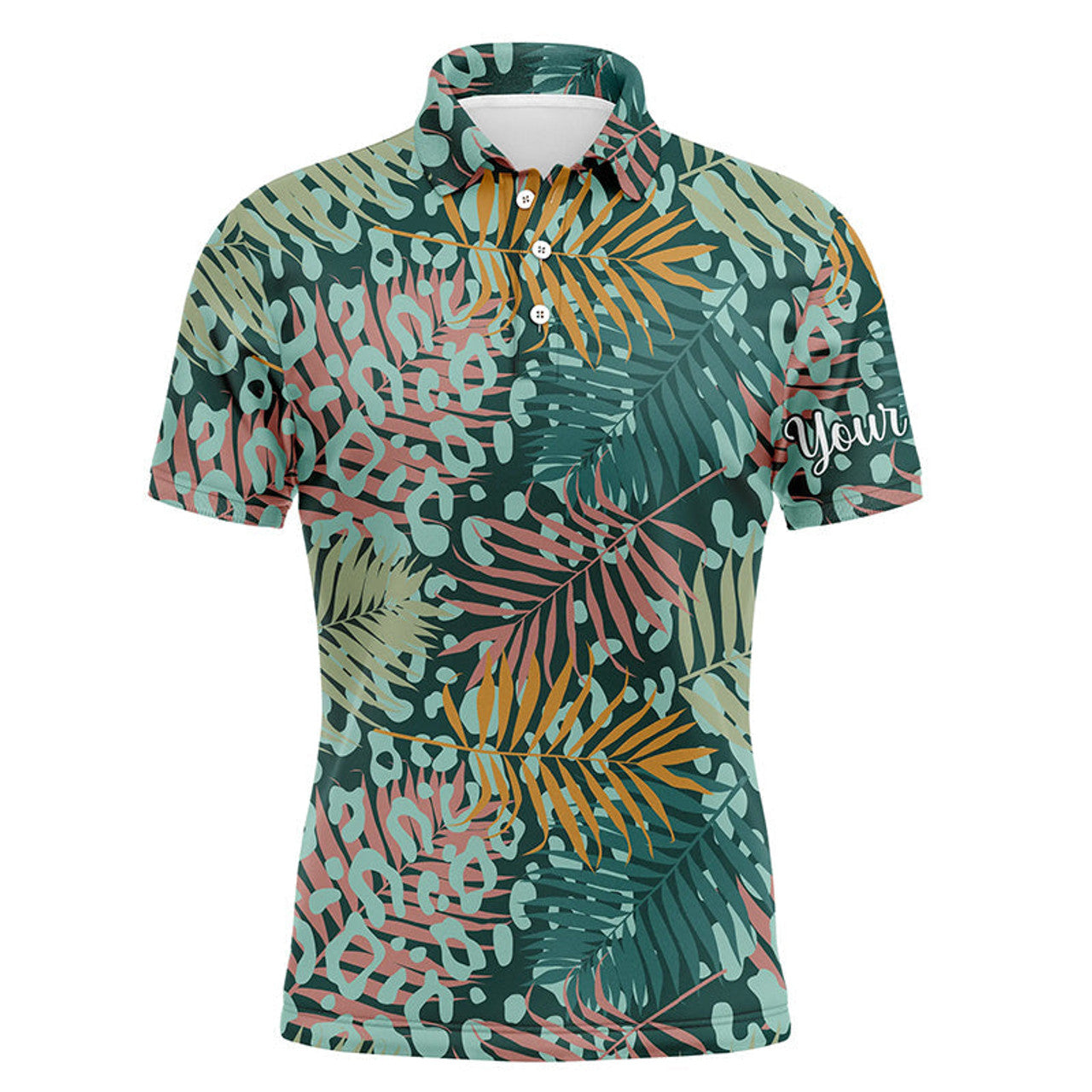 Custom Golf Men Polo Shirt - Green Tropical Pattern With Palm Leopard Custom Name Apparel - Personalized Gift For Golf Lover, Men, Team, Husband, Boyfriend