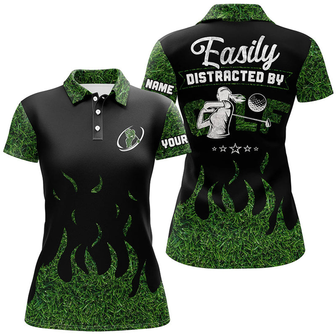 Custom Black Green Grass Women Golf Polos Shirt Custom Easily Distracted By Golf, Funny Golf Shirts For Women