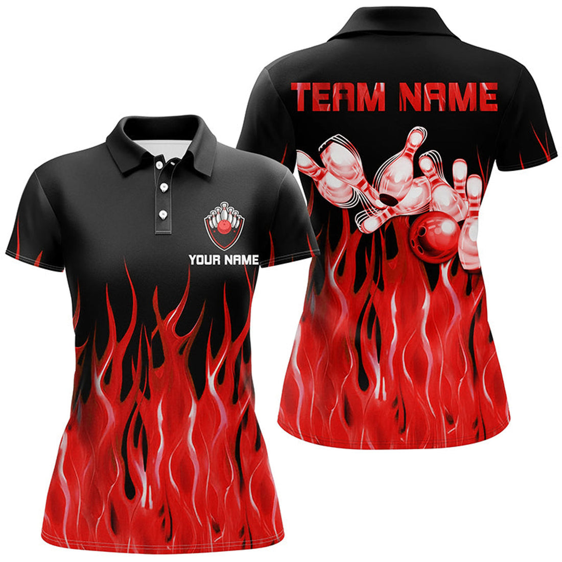 Custom Red flame Womens bowling polo shirt black Bowling Jerseys Personalized Bowling Team Shirts