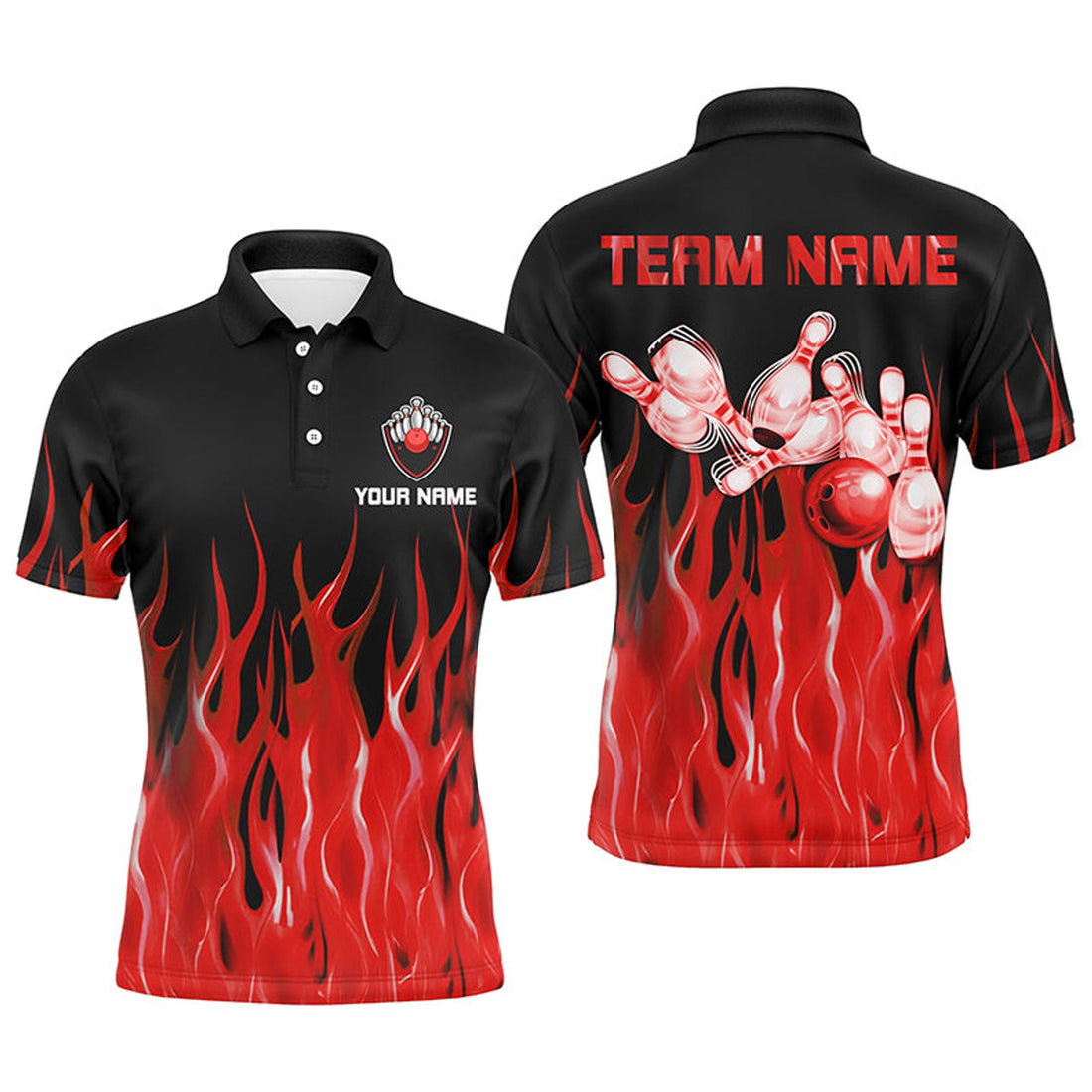 Personalized Men Polo Bowling Shirt Red Flame Bowling Ball Pins Bowling Jerseys For Men Bowler