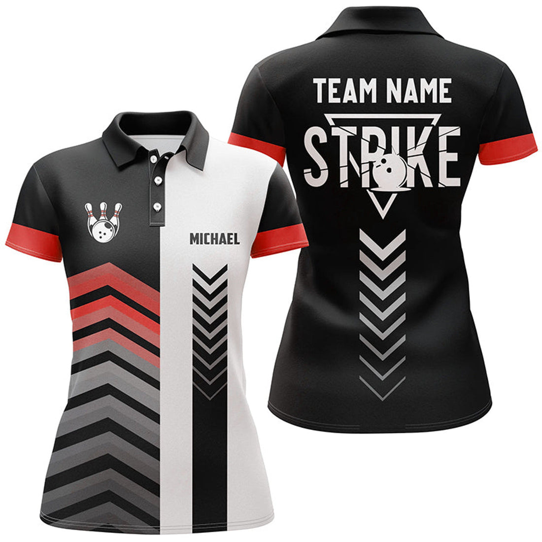 Custom Black and white Women bowling polo shirts Custom retro bowling ball pins team league jerseys | Red