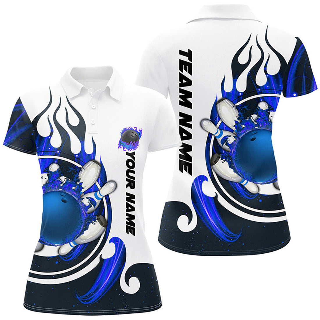 Custom White Bowling Polo Shirt For Women Custom Blue Flame Bowling Ball And Pins Jerseys