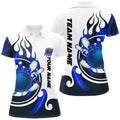 Custom White Bowling Polo Shirt For Women Custom Blue Flame Bowling Ball And Pins Jerseys