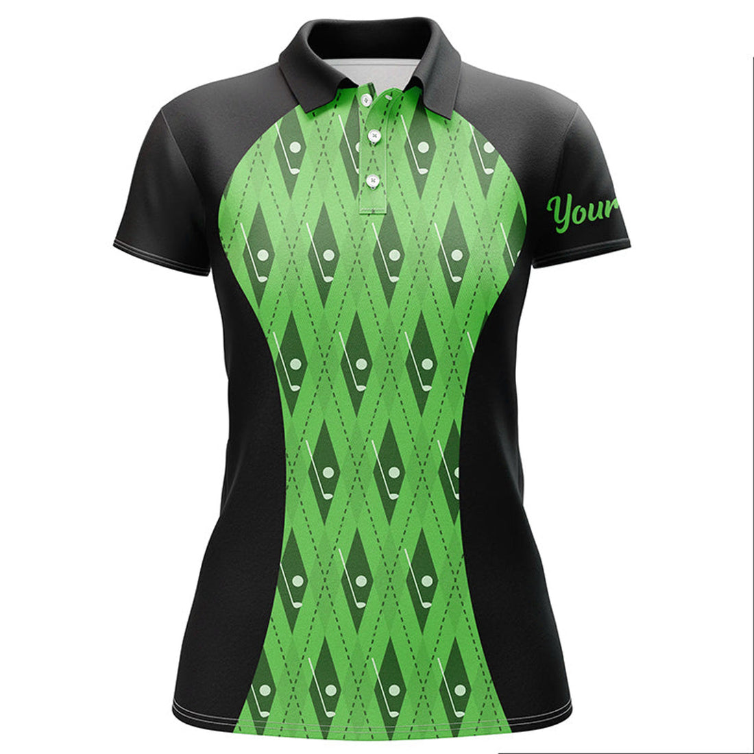 Custom Women Golf Polo Shirt Custom Black And Green Argyle Pattern Golf Clubs, Team Ladies Golf Tops