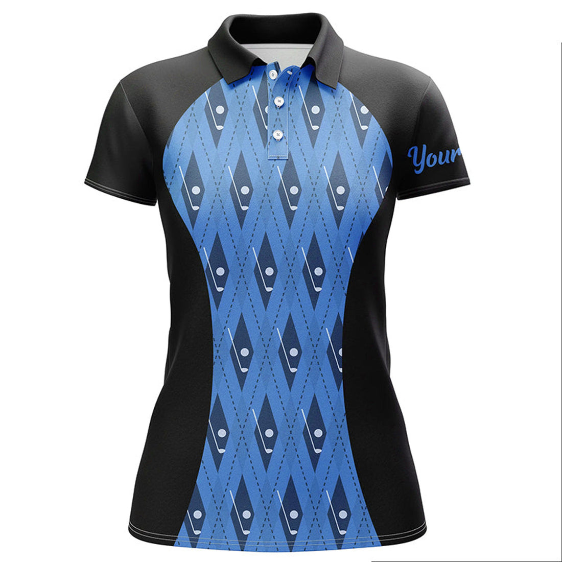 Custom Women Golf Polo Shirt Custom Black And Blue Argyle Pattern Golf Clubs, Team Ladies Golf Tops