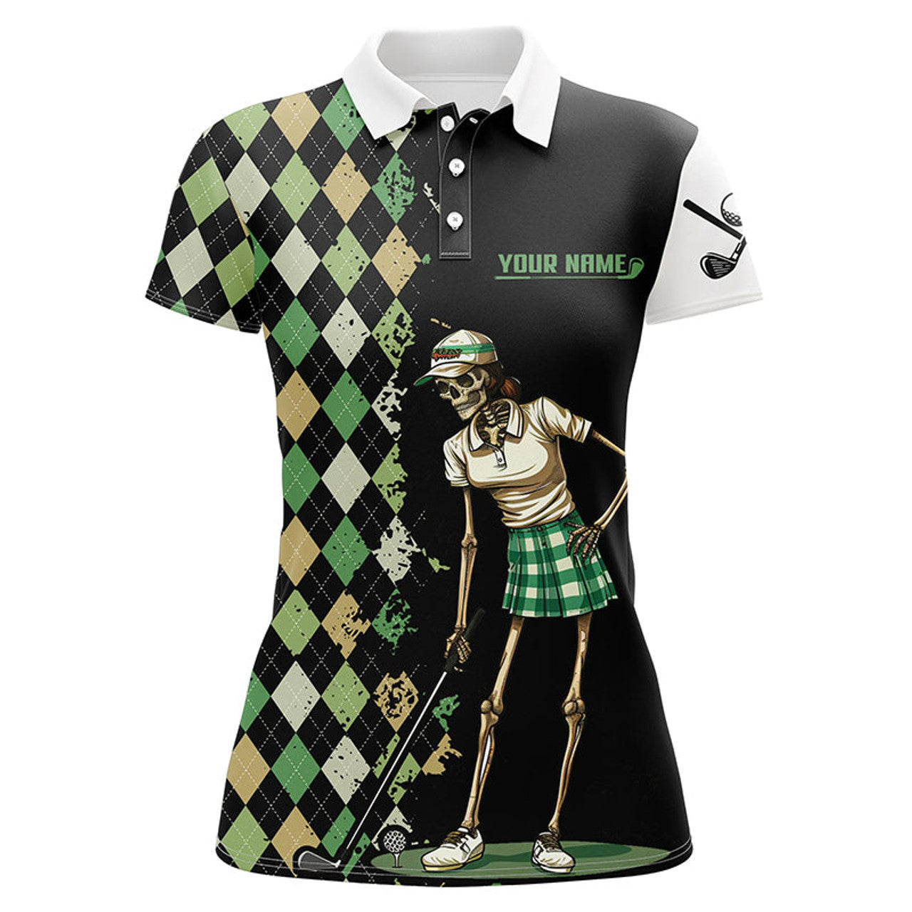 Custom Black Womens golf polo shirts green argyle pattern custom golf skull team ladies golf shirt