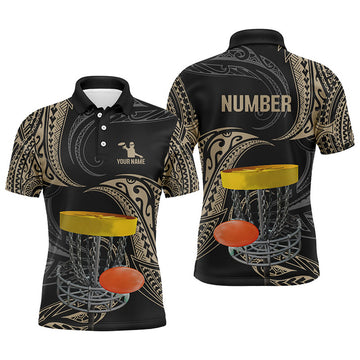 FUNSTUFFPRINT Mens disc golf polo shirts custom name, number black tribal frisbee golf Polo Shirt Size S-5XL