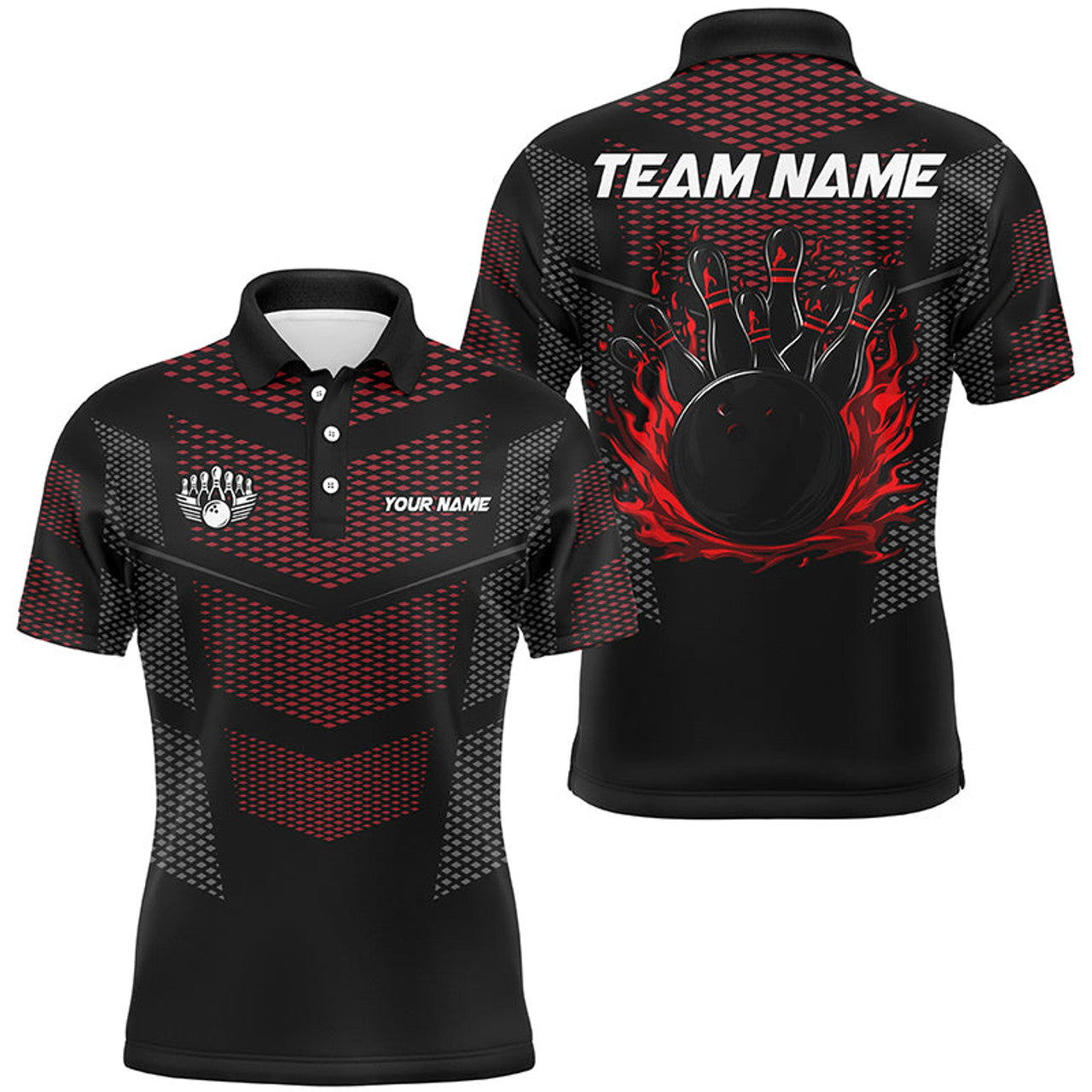 FUNSTUFFPRINT Black And Red Strike Bowling Polo Shirt Size S-5XL