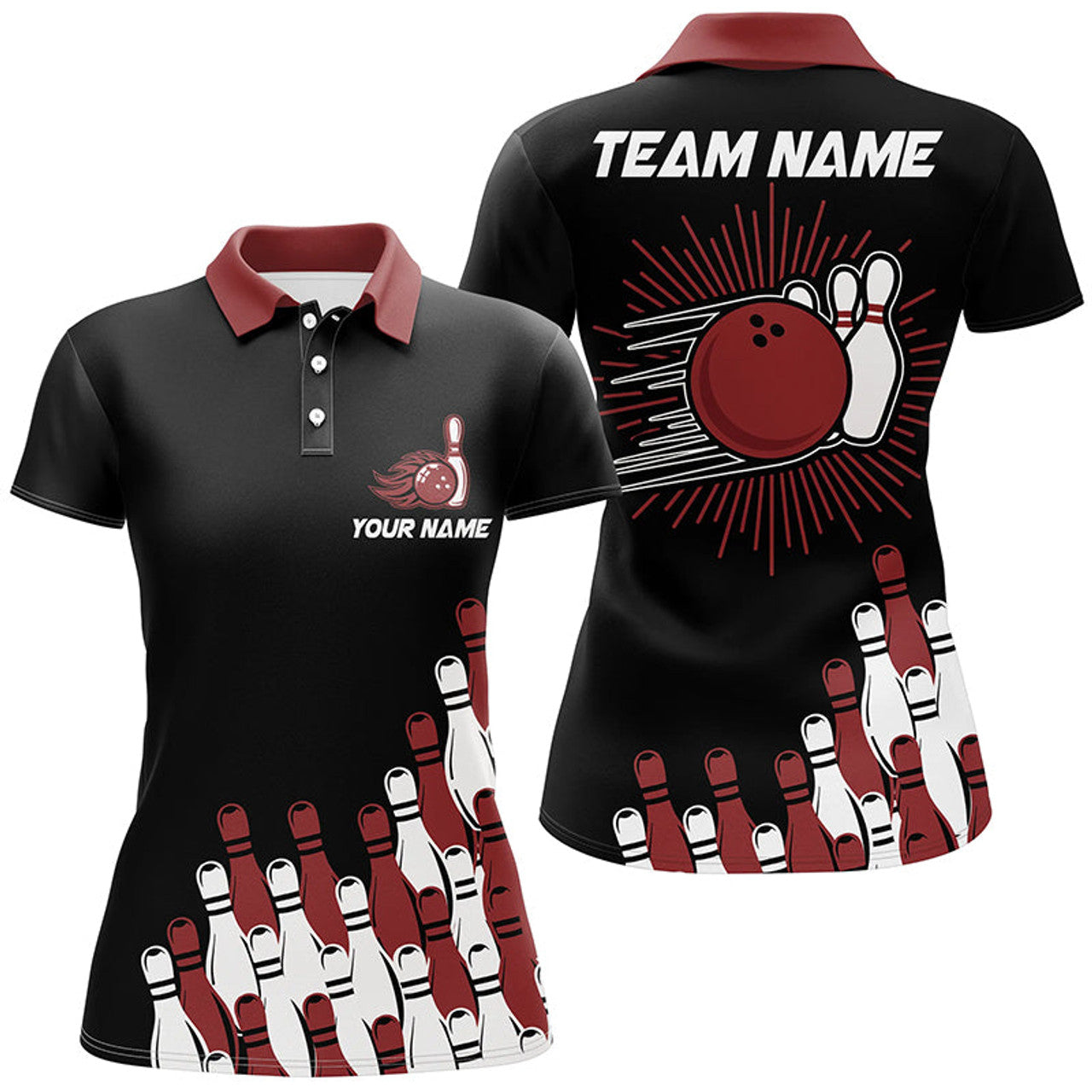Custom Black Retro Bowling Team Shirt Custom Women Bowling Polo Shirts, Bowling Gifts For Her | Red