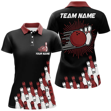 Custom Black Retro Bowling Team Shirt Custom Women Bowling Polo Shirts, Bowling Gifts For Her | Red