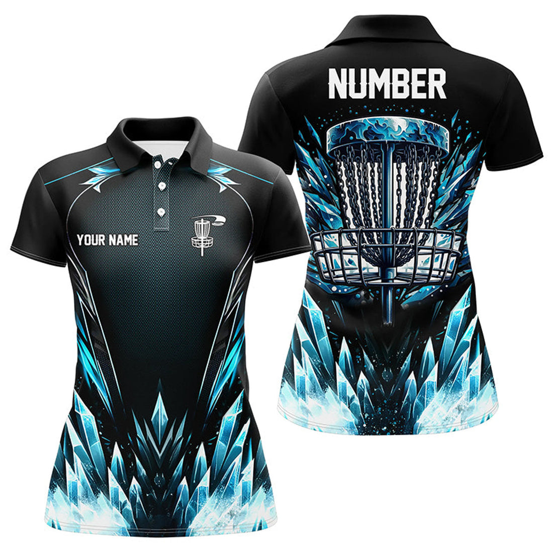 Custom Icy Blue Womens Disc Golf Polo Shirts Custom Black Disc Golf Basket Jerseys, Frisbee Golf Shirts