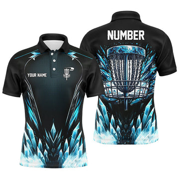 Custom Icy blue Mens Disc golf polo shirts custom black disc golf basket jerseys, frisbee golf shirts