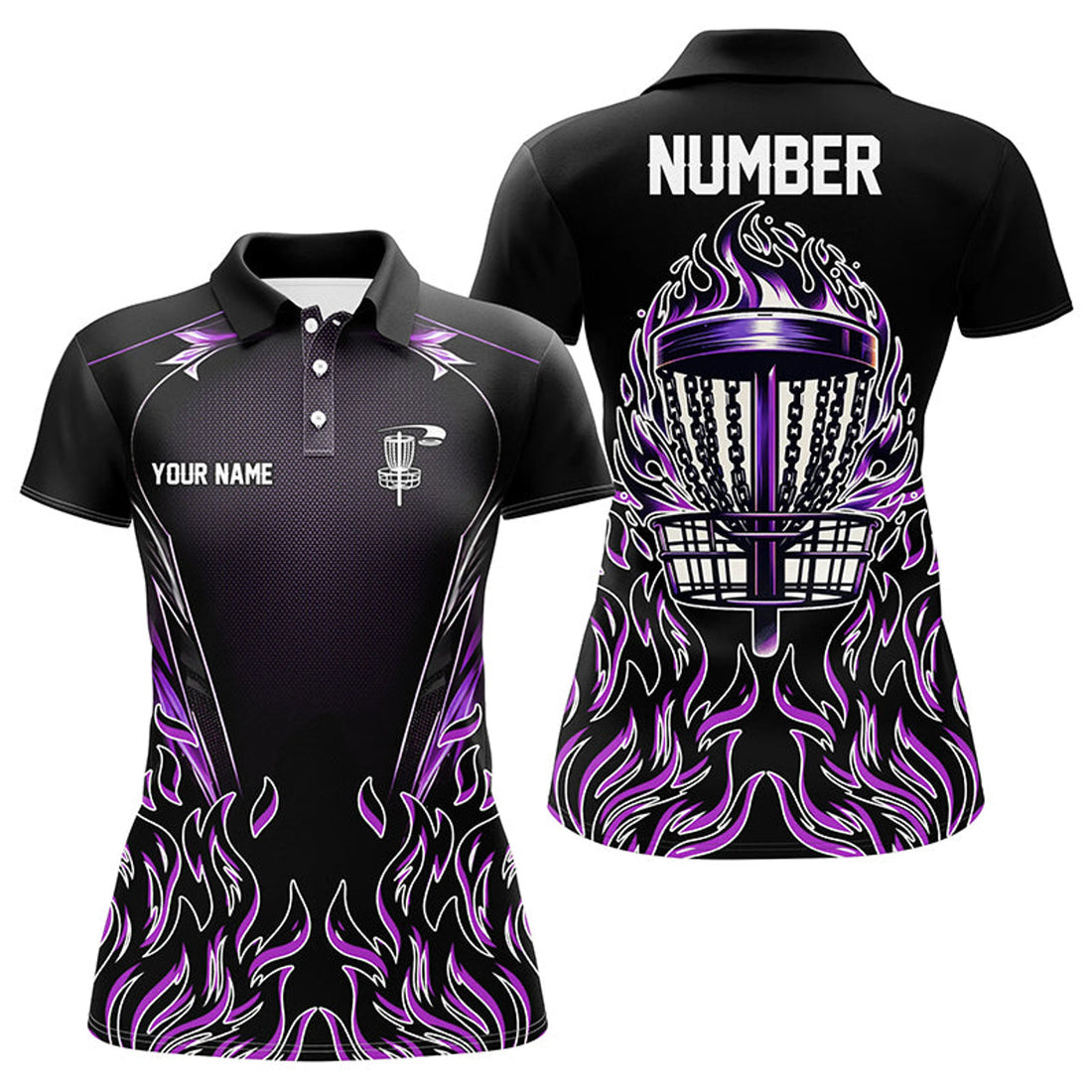 Custom Purple Flame Womens Disc Golf Polo Shirts Custom Black Disc Golf Fire Jerseys, Frisbee Golf Shirts