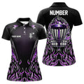 Custom Purple Flame Womens Disc Golf Polo Shirts Custom Black Disc Golf Fire Jerseys, Frisbee Golf Shirts