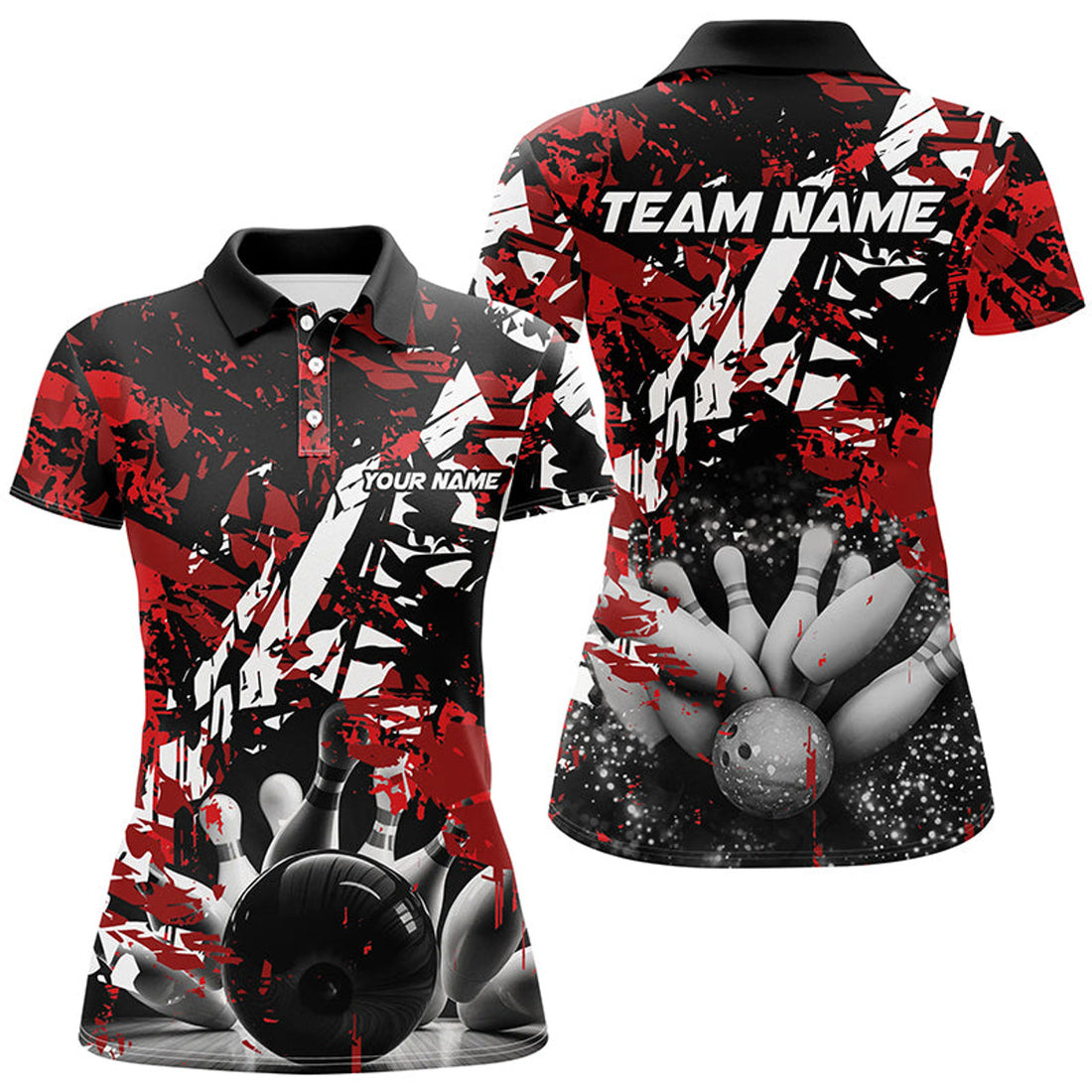 Custom Black And Red Camo Bowling Ball And Pins Custom Womens Bowling Polo Shirts, Team Bowling Jerseys