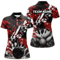 Custom Black And Red Camo Bowling Ball And Pins Custom Womens Bowling Polo Shirts, Team Bowling Jerseys
