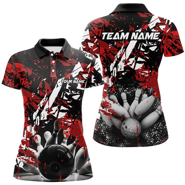 Custom Black And Red Camo Bowling Ball And Pins Custom Womens Bowling Polo Shirts, Team Bowling Jerseys