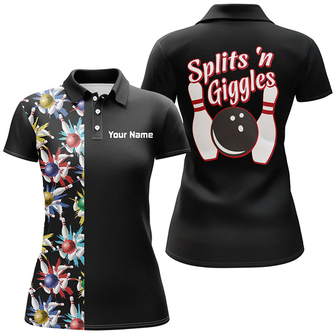 Custom Splits 'N Giggles Black Polo Shirt For Women, Personalized Vintage Womens Bowling Shirts