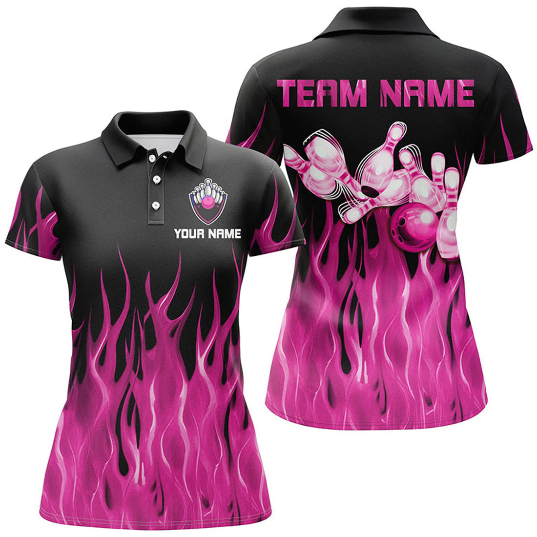 Custom Personalized Women Polo, Bowling Shirt pink Flame Bowling Ball Pins bowling jersey for Bowler