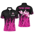 Personalized Men Polo, Bowling Shirt Pink Flame Bowling Ball Pins Bowling Jersey For Bowler