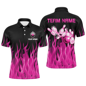 Personalized Men Polo, Bowling Shirt Pink Flame Bowling Ball Pins Bowling Jersey For Bowler