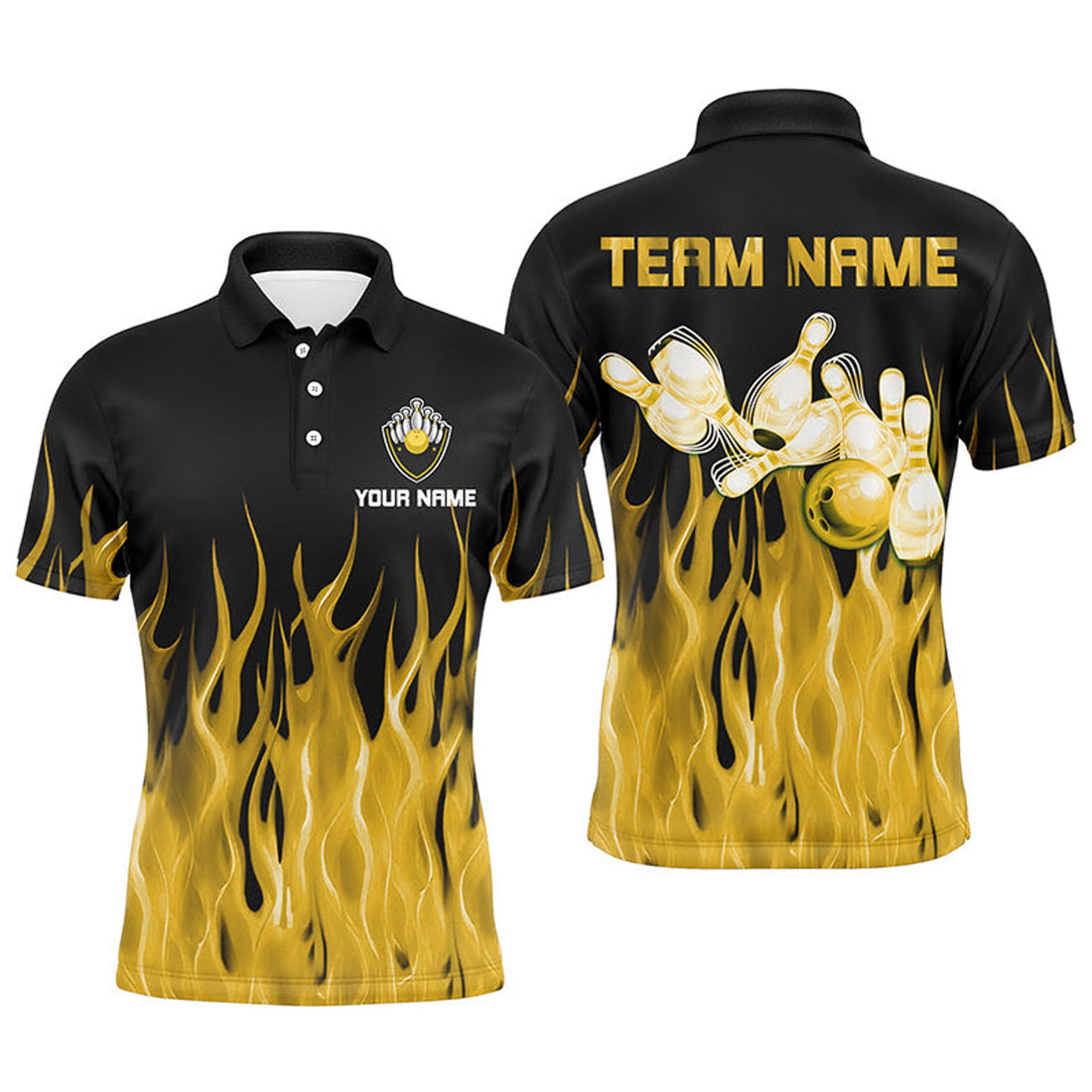 FUNSTUFFPRINT Bowling Shirt Yellow Flame Bowling Ball Pins Bowling Jersey For Bowler Polo Shirt Size S-5XL