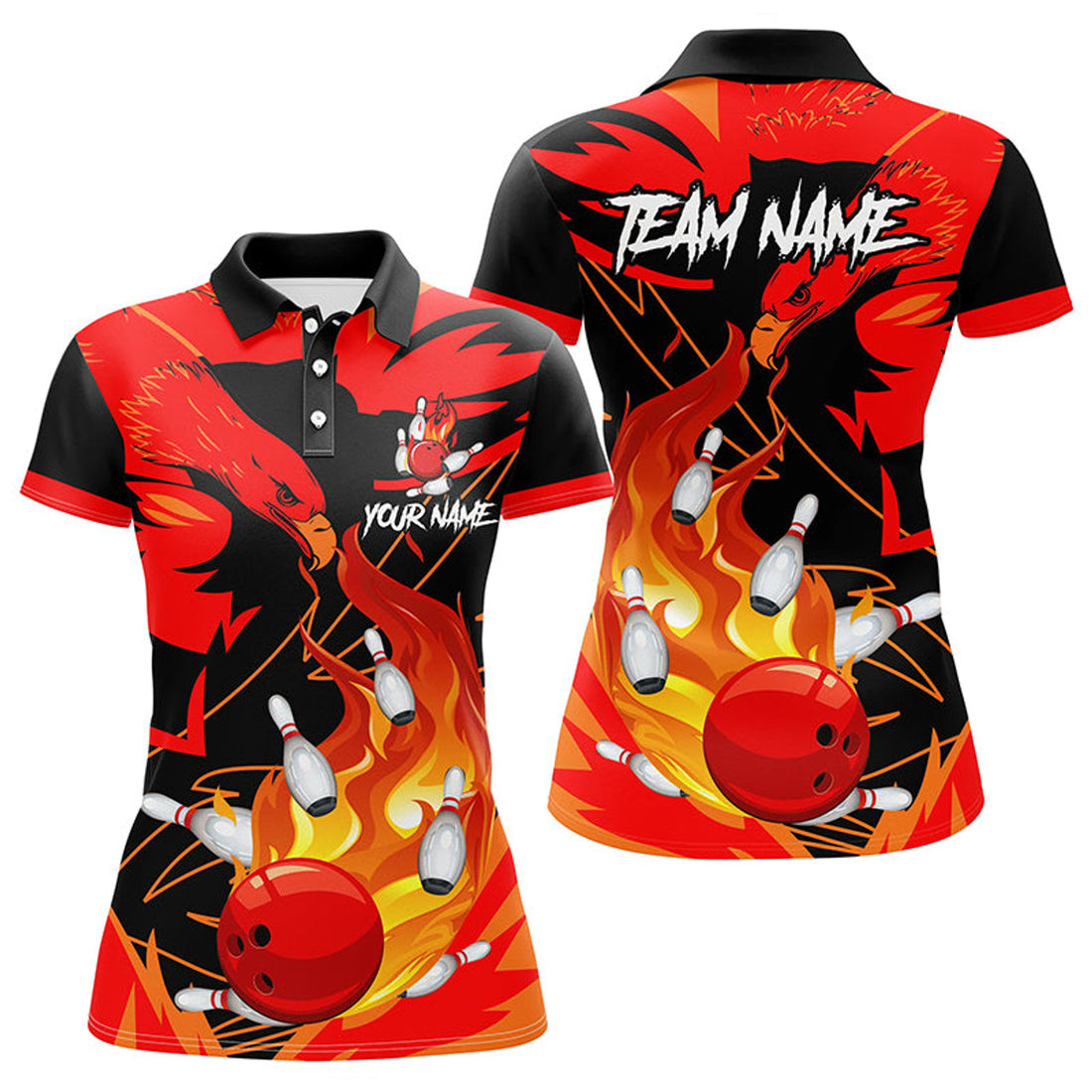 Custom Eagle Flame Bowling Ball And Pins Custom Womens Bowling Polo Shirts, Team Bowling Jerseys | Red