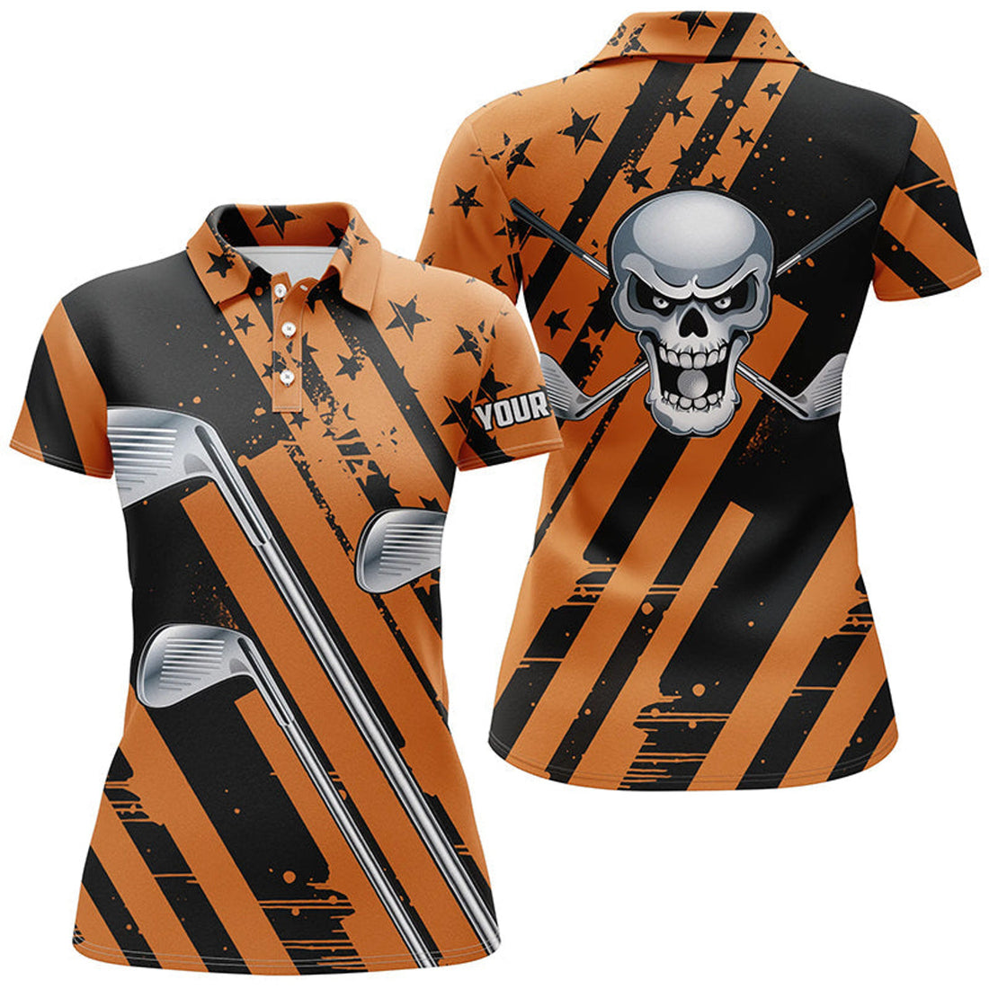 Custom Halloween Golf Skull Orange And Black Golf Clubs Women Golf Polo Shirt Custom Team Golf Shirts Ladies