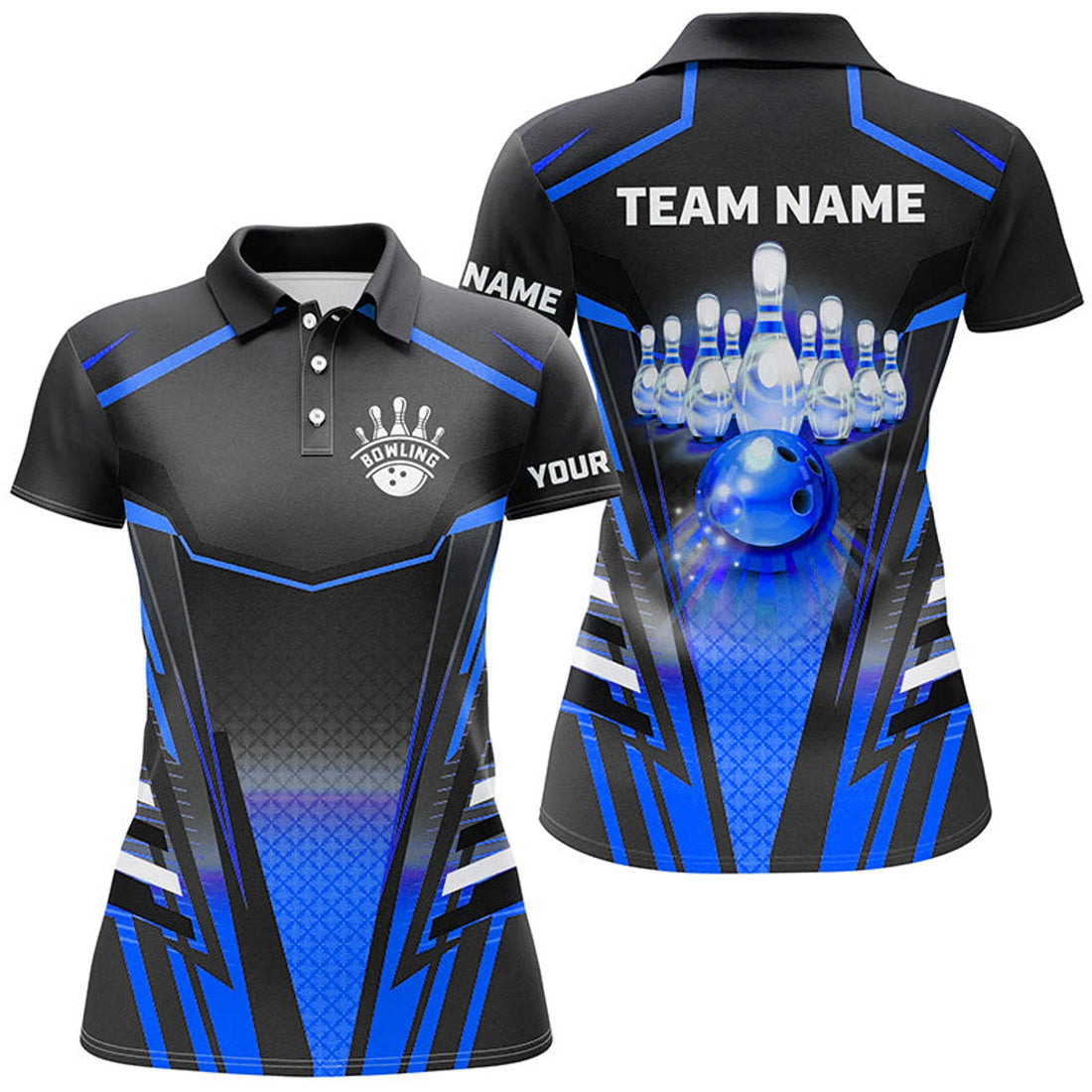 Custom Women Bowling Polo Custom Black & Blue Bowling Ball Pin Team Jersey Bowling Apparel