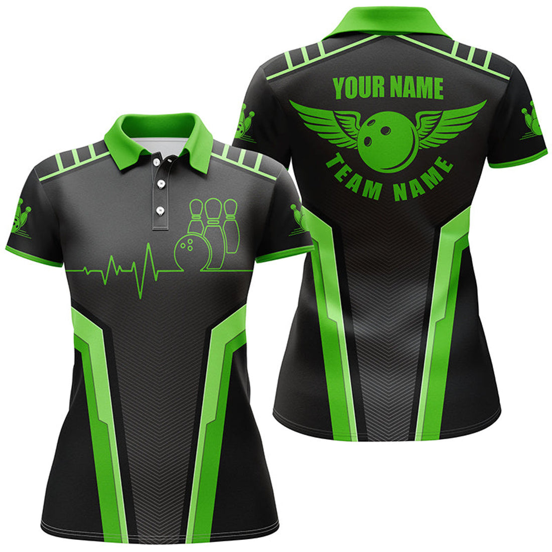 Custom Personalized 3d Bowling Shirt For Women, Custom Black Green Short Sleeve Polo Bowling Heartbeat Shirts