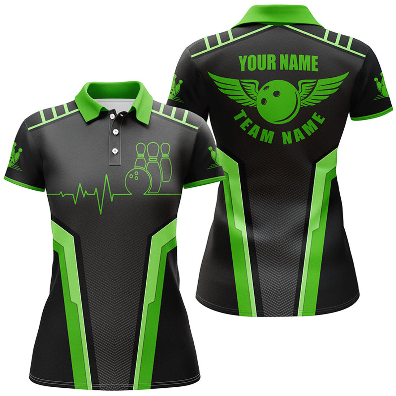 Custom Personalized 3d Bowling Shirt For Women, Custom Black Green Short Sleeve Polo Bowling Heartbeat Shirts