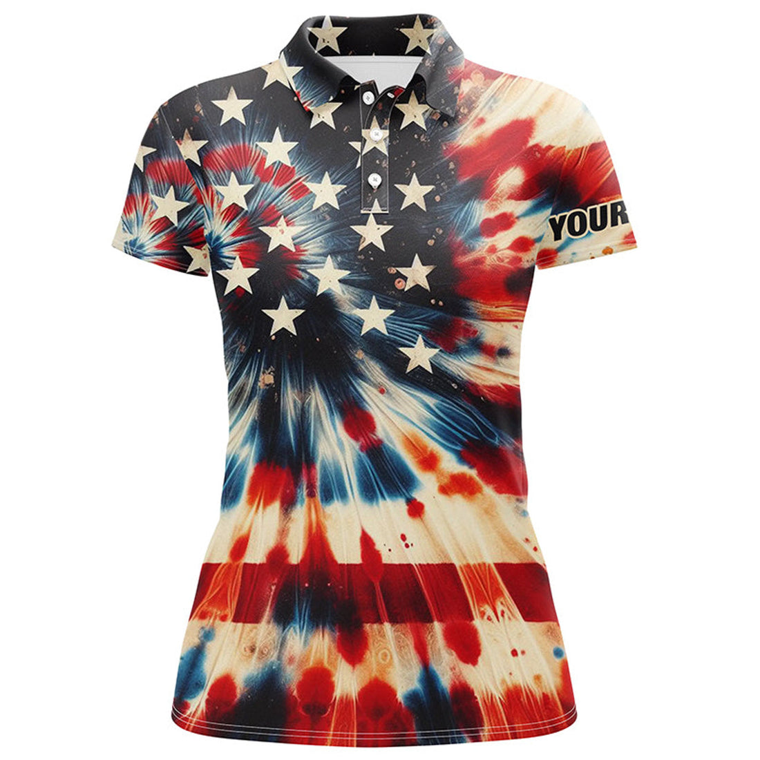 Custom American Flag Tie Dye Pattern Womens Golf Polo Shirt Custom Name Patriotic Ladies Golf Shirts