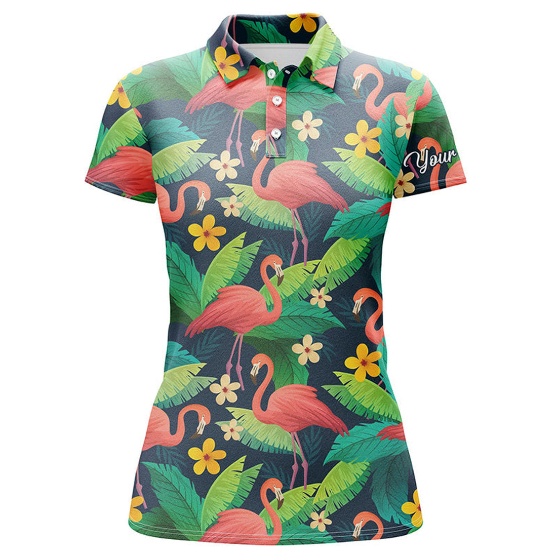 Custom Women Golf Polo Shirts Colorful Flamingo Pattern Green Tropical Leaves Custom Team Golf Polo Shirts