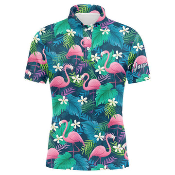 FUNSTUFFPRINT Men golf polo shirts colorful flamingo green tropical leaf pattern custom Polo Shirt Size S-5XL