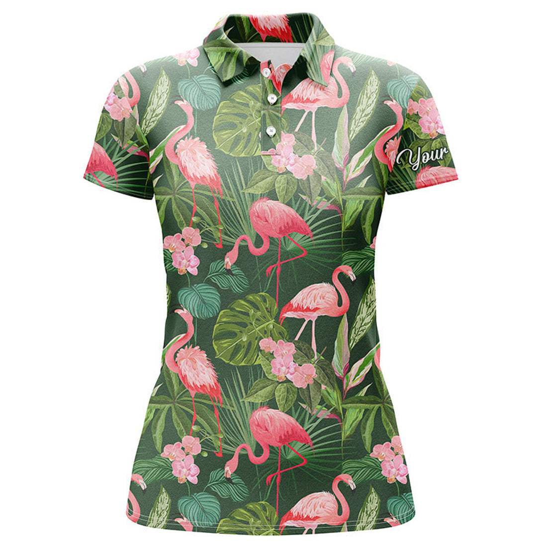 Custom Women Golf Polo Shirts Flamingo Green Tropical Palm Leaves Pattern Custom Name Team Golf Polo Shirts