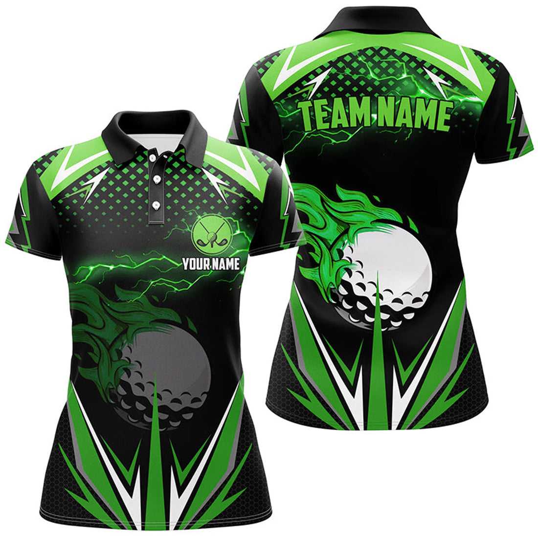 Custom Black Womens Golf Polo Shirts Custom Green Fire Lightning Team Golf Jerseys, Golf Attire For Ladies