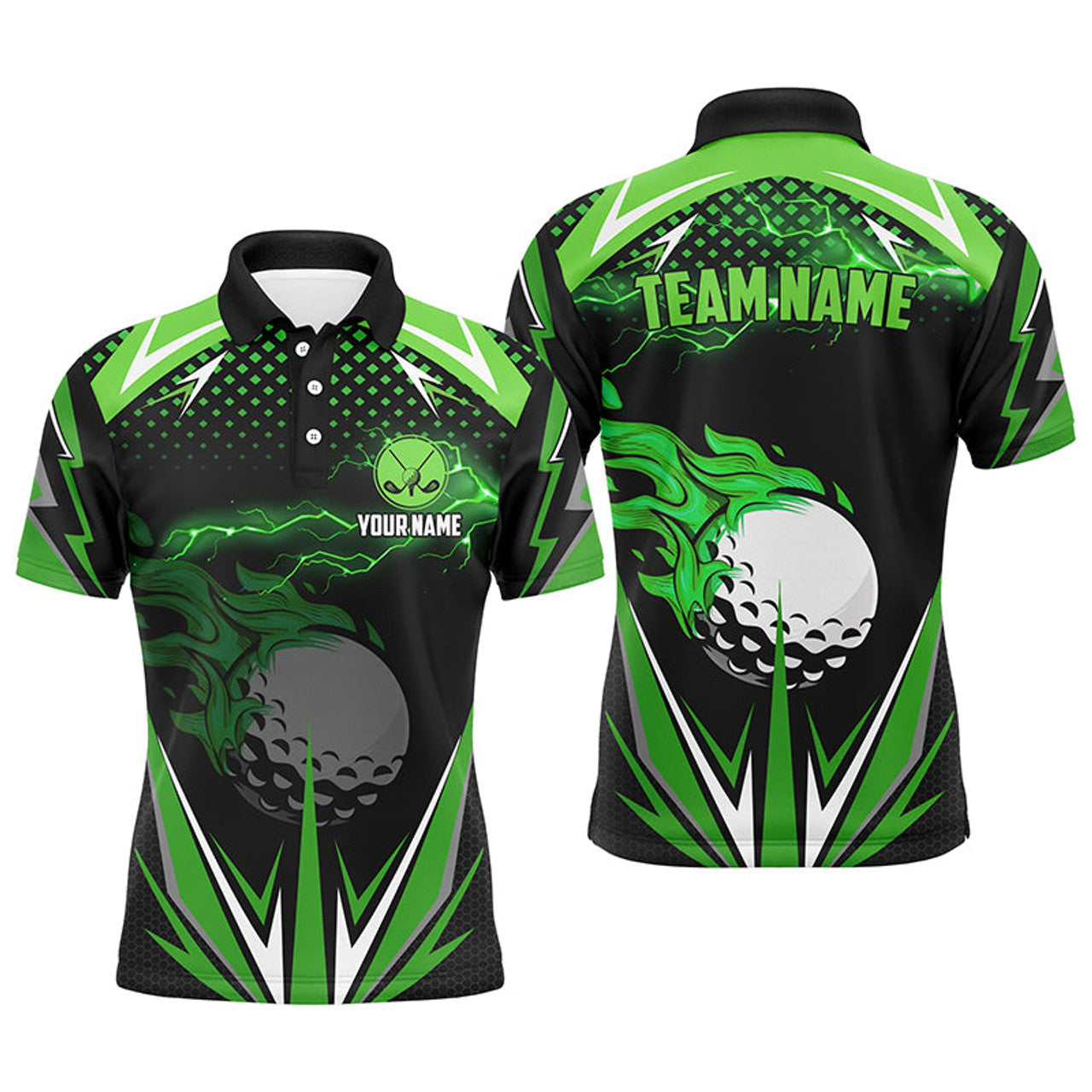 Custom Black Mens golf polo shirts custom green fire lightning team golf jerseys, golf attire for men