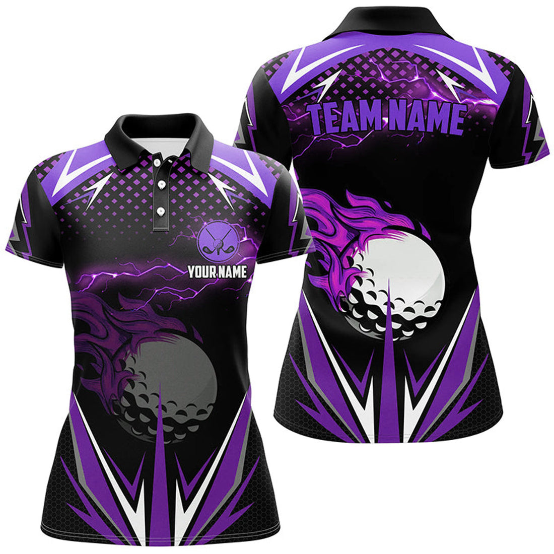 Custom Black Womens Golf Polo Shirts Custom Purple Fire Lightning Team Golf Jerseys, Golf Attire For Ladies