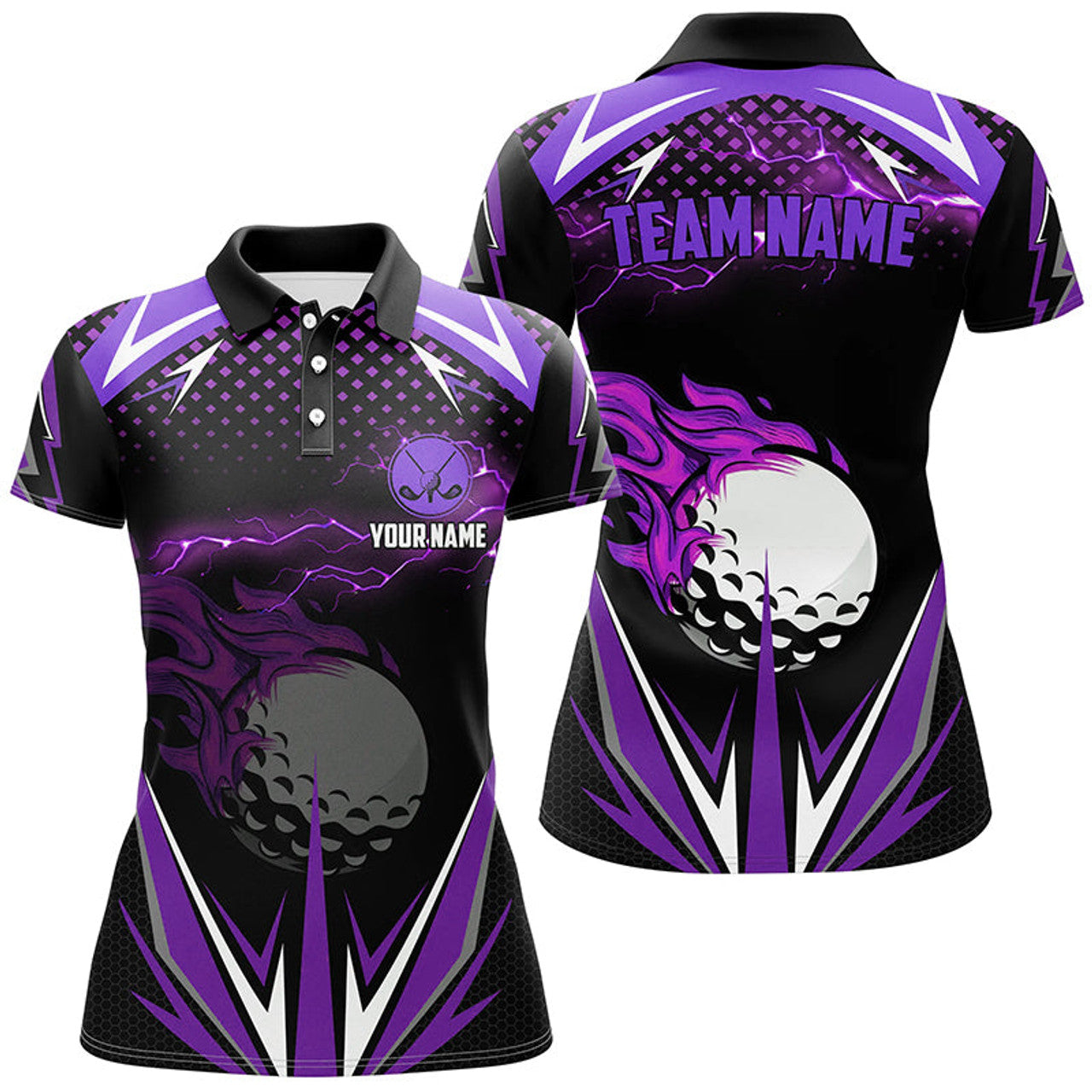 Custom Black Womens Golf Polo Shirts Custom Purple Fire Lightning Team Golf Jerseys, Golf Attire For Ladies