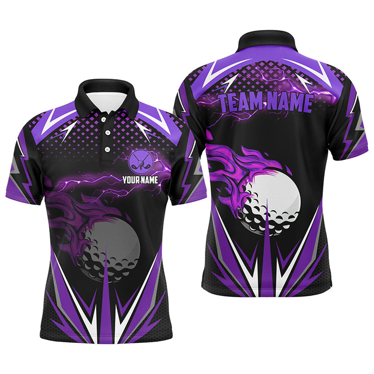 Custom Black Mens golf polo shirts custom purple fire lightning team golf jerseys, golf attire for men