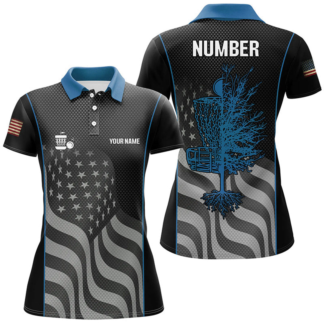 Custom Blue Black American Flag Womens Disc Golf Polo Shirt Custom Name, Number Patriotic Disc Golf Jerseys