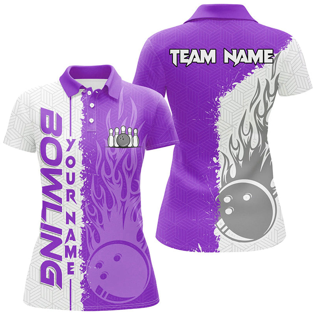 Custom Women Bowling Polo Shirts Custom White And Purple Flame Bowling Ball And Pins Team League Jerseys