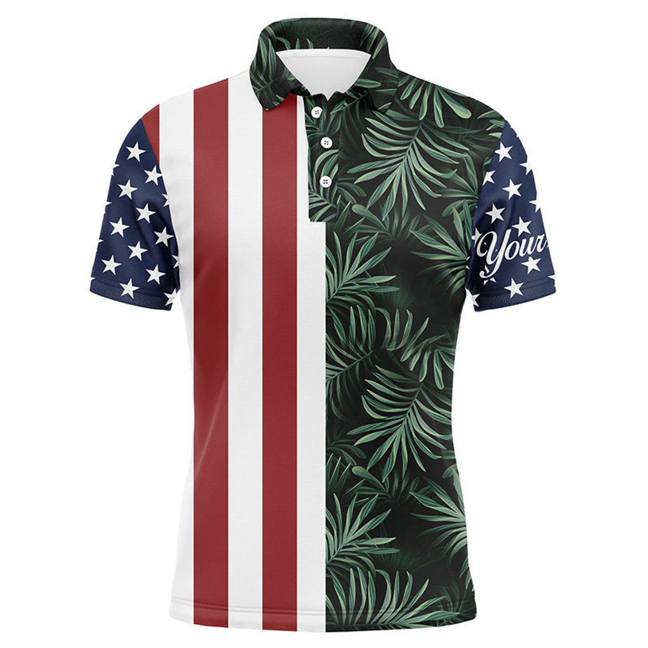 FUNSTUFFPRINT Mens golf polo shirts American flag patriotic custom tropical leaves pattern golf shirts for men Polo Shirt Size S-5XL