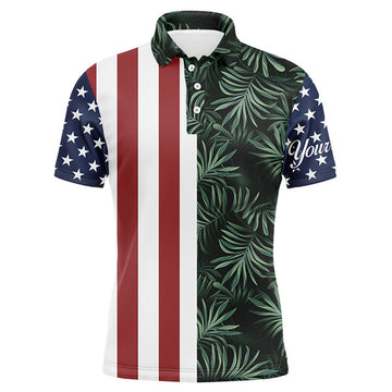 FUNSTUFFPRINT Mens golf polo shirts American flag patriotic custom tropical leaves pattern golf shirts for men Polo Shirt Size S-5XL