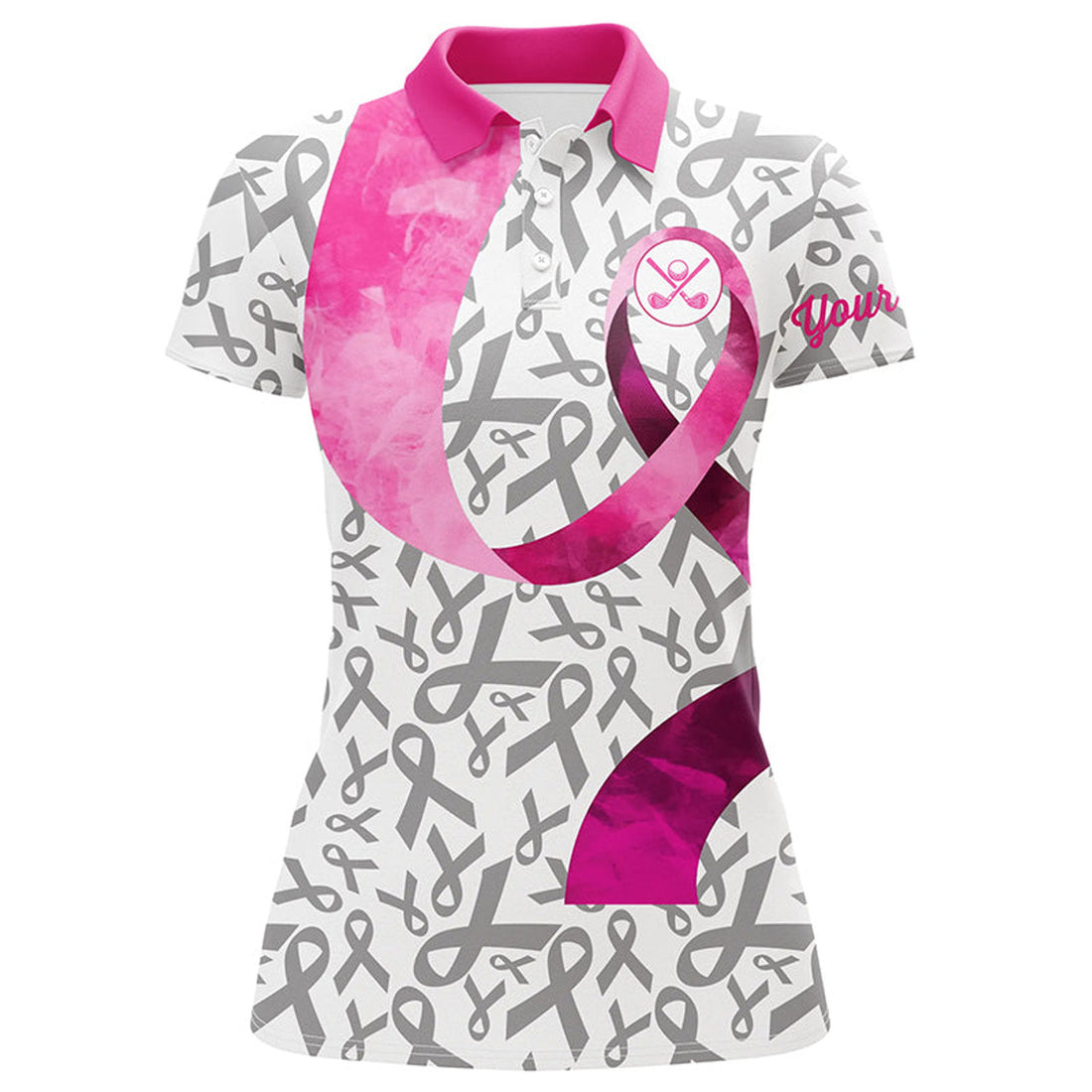 Custom Pink Ribbon Pattern Womens Golf Polo Shirt Custom Breast Cancer Golf Shirts, Golf Outfits Female