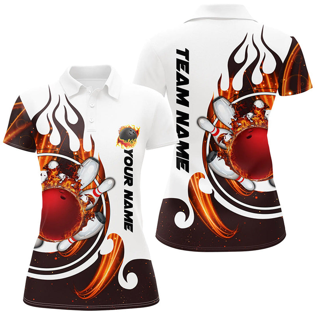 Custom White Bowling Polo Shirt For Women Custom Flame Bowling Ball Pins Jerseys